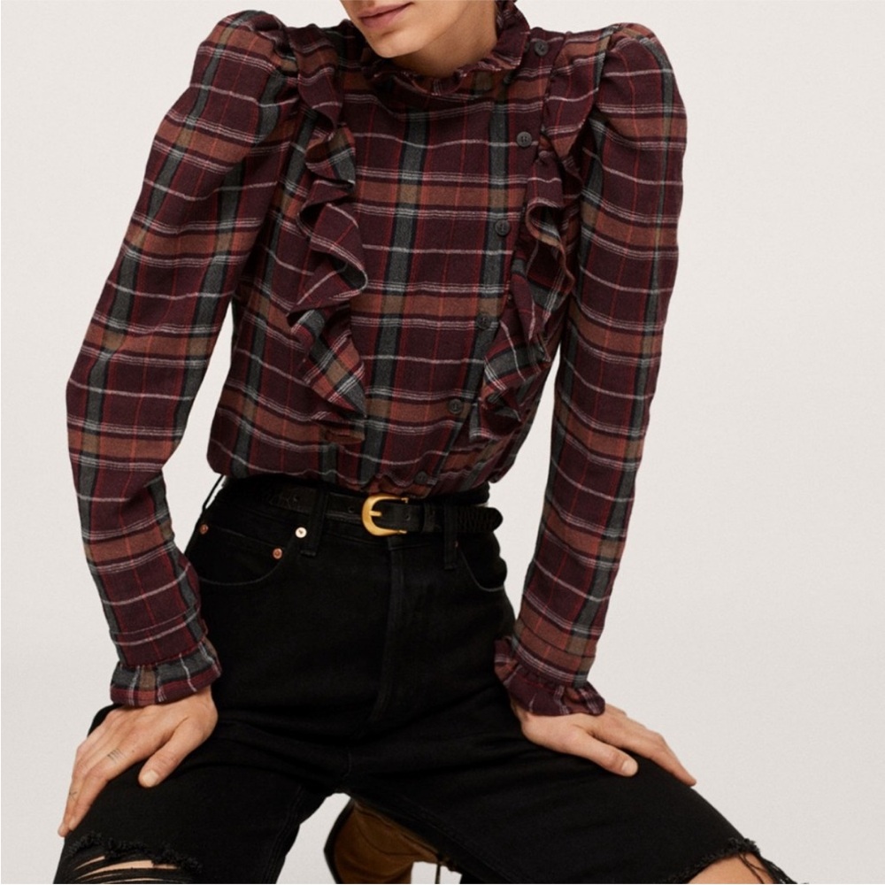 Mango Plaid Ruffle Blouse - Burgundy and Black